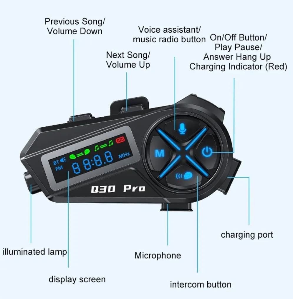Q30 Motorcycle Helmet Bluetooth Intercom LED HD Digital Display IP56 Waterproof Music Sharing Intercom Distance 500 Meters view 4