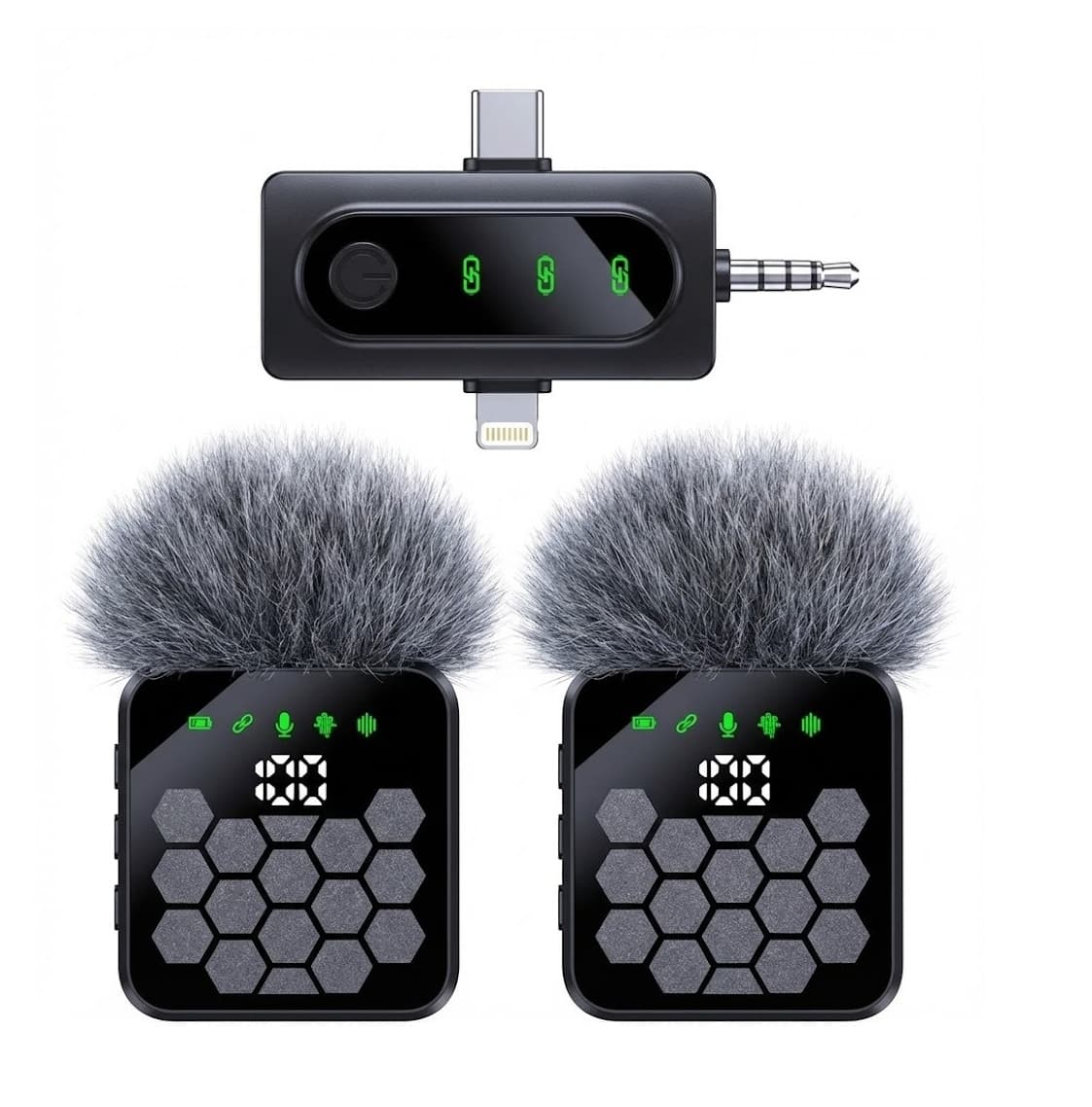 QY66 Dual Noise‑Cancelling Wireless Microphone LED Display 3‑in‑1 Receiver (iPhone / Type‑C / Camera) view 1