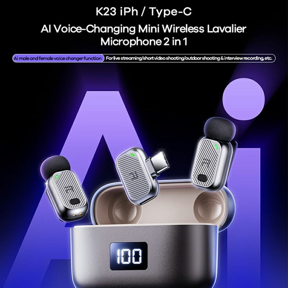 REMAX K23 AI Voice Changing Mini Wireless Lavalier Microphone 2-in-1 Set Type-C Interface view 2