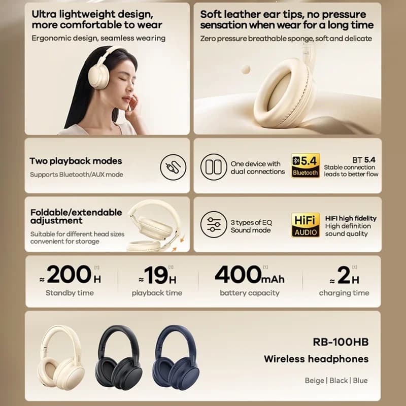 REMAX RB 100HB Wireless Bluetooth Headphone Over Ear Foldable Headset view 3