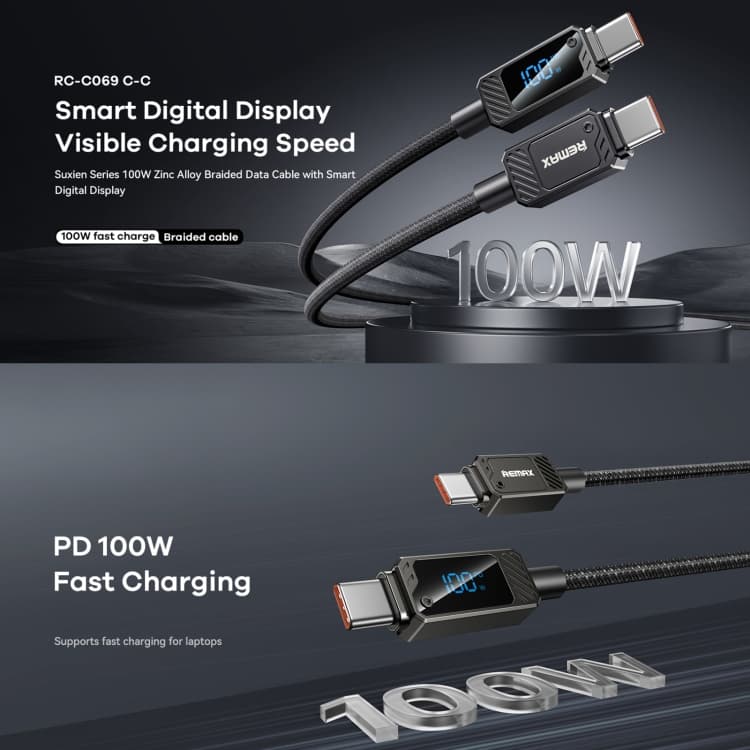 Remax RC-C069 1.2m 100W Type-C To Type-C Digital Display Braided Fast Charging Cable view 2