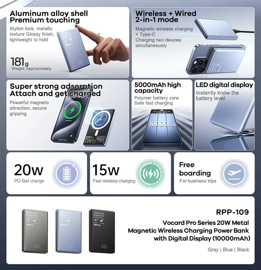 Remax RPP 109 Vocard Pro Series PD 20W 10000mAh Magnetic Wireless Power Bank view 4