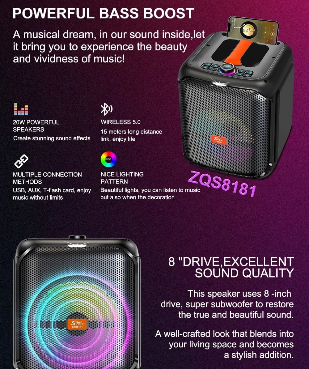 Sing-e ZQS8181 Wireless Bluetooth 8-Inch Outdoor Karaoke Speaker view 3