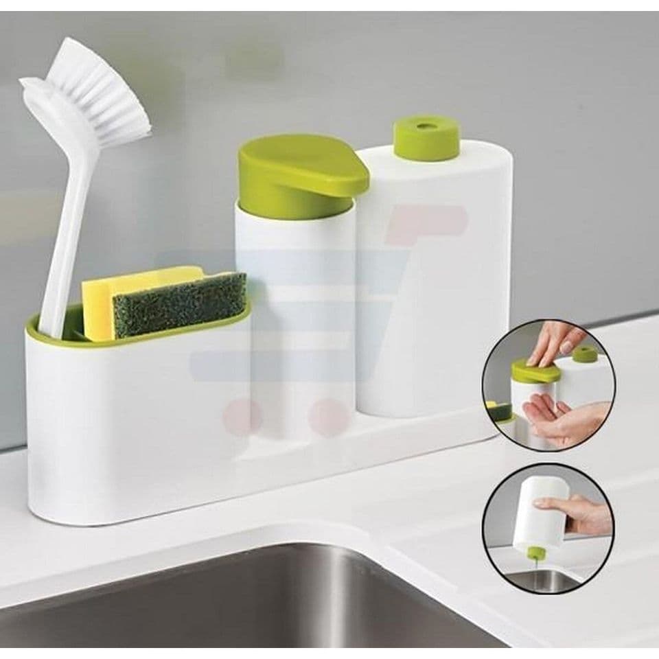 SinkBase Plus 3 Piece Sink Tidy Set Kitchen Bathroom Soap Dispenser With Sponge Holder view 1