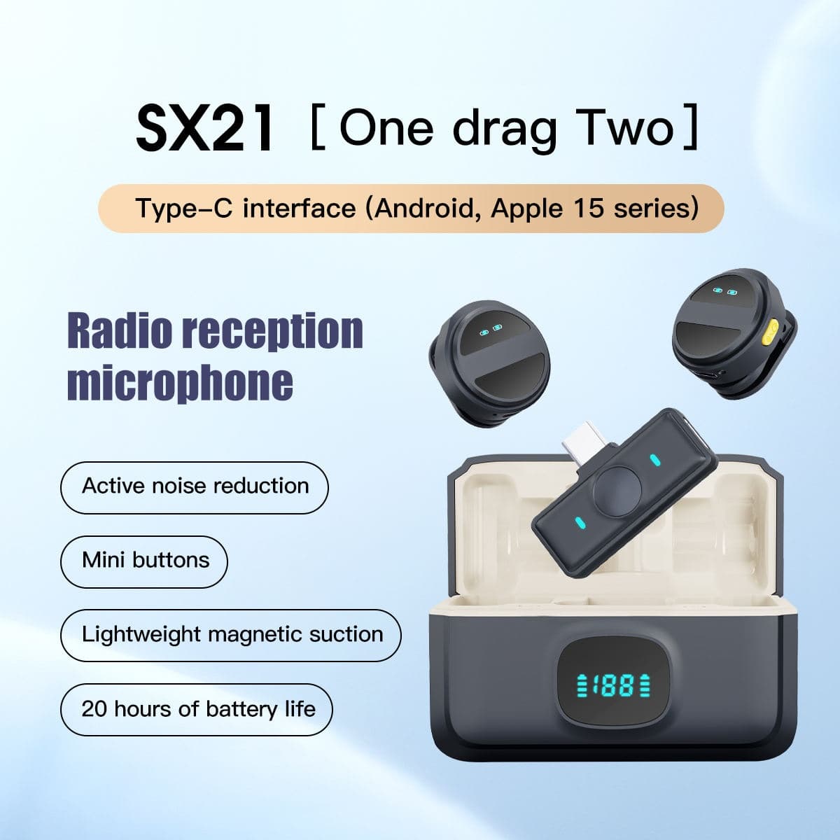 SX21 2.4G Smart Clip-On Wireless Microphone WithType-C Port And Lightning Adapter view 5