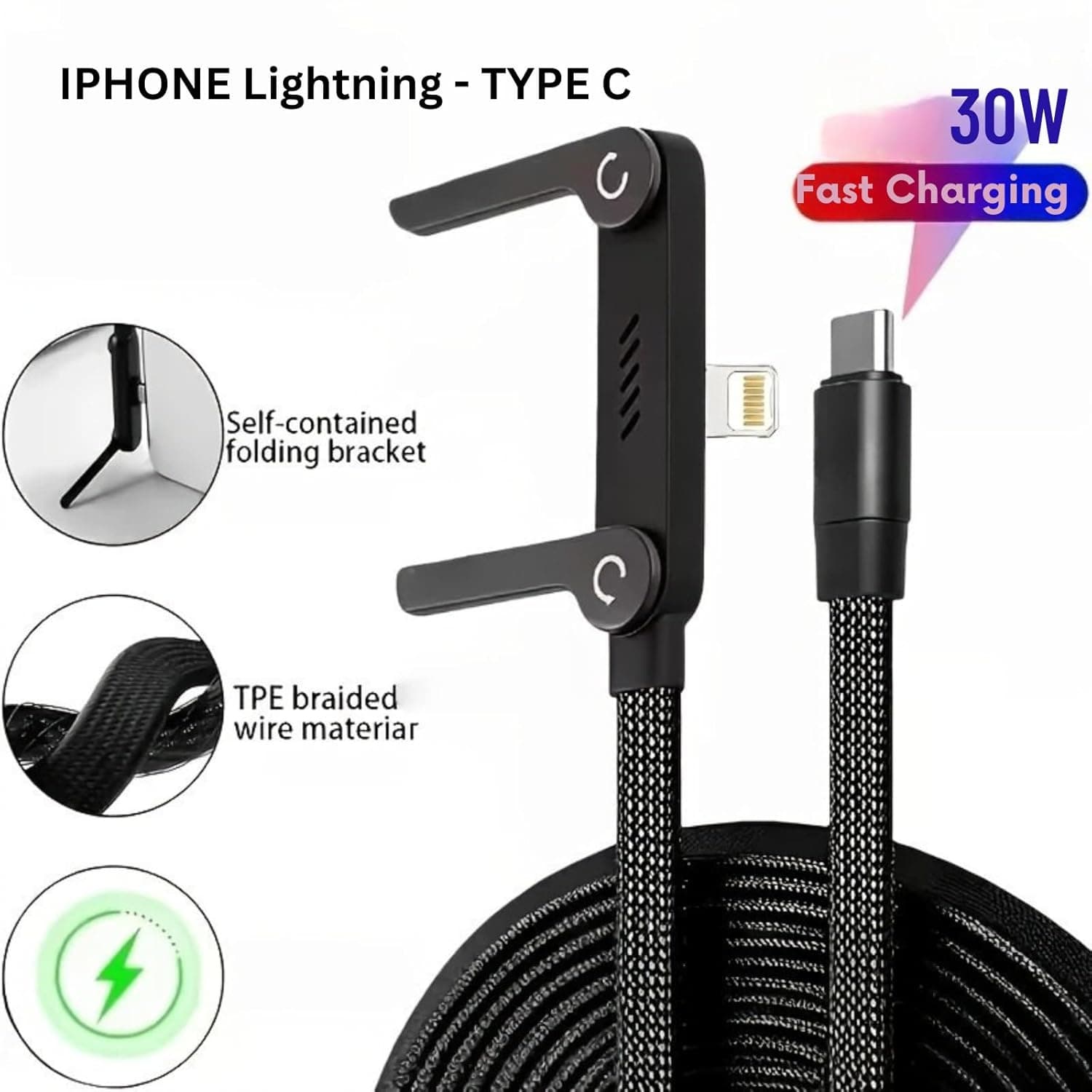 Type-C to Lightning 30W Fast Charger Cable With Built-in Invisible Holder Phone Stand view 2