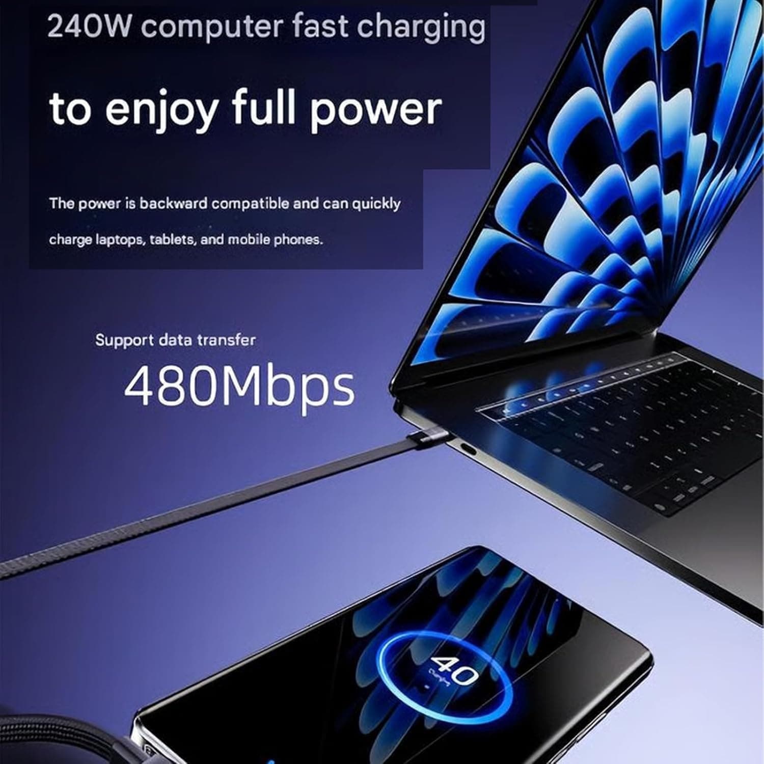 Ugetus 240 Watt Charging Cable USB-C To C Cable With Built-in Foldable Phone Stand view 4