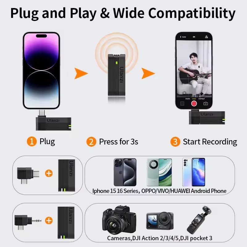 Ulanzi A100 Wireless 3.5mm And Type C Lavalier Microphone view 5