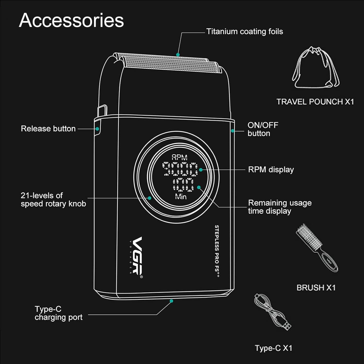 VGR 377 Men’s Electric Foil Shaver Titanium Foils  9000 RPM Motor view 4