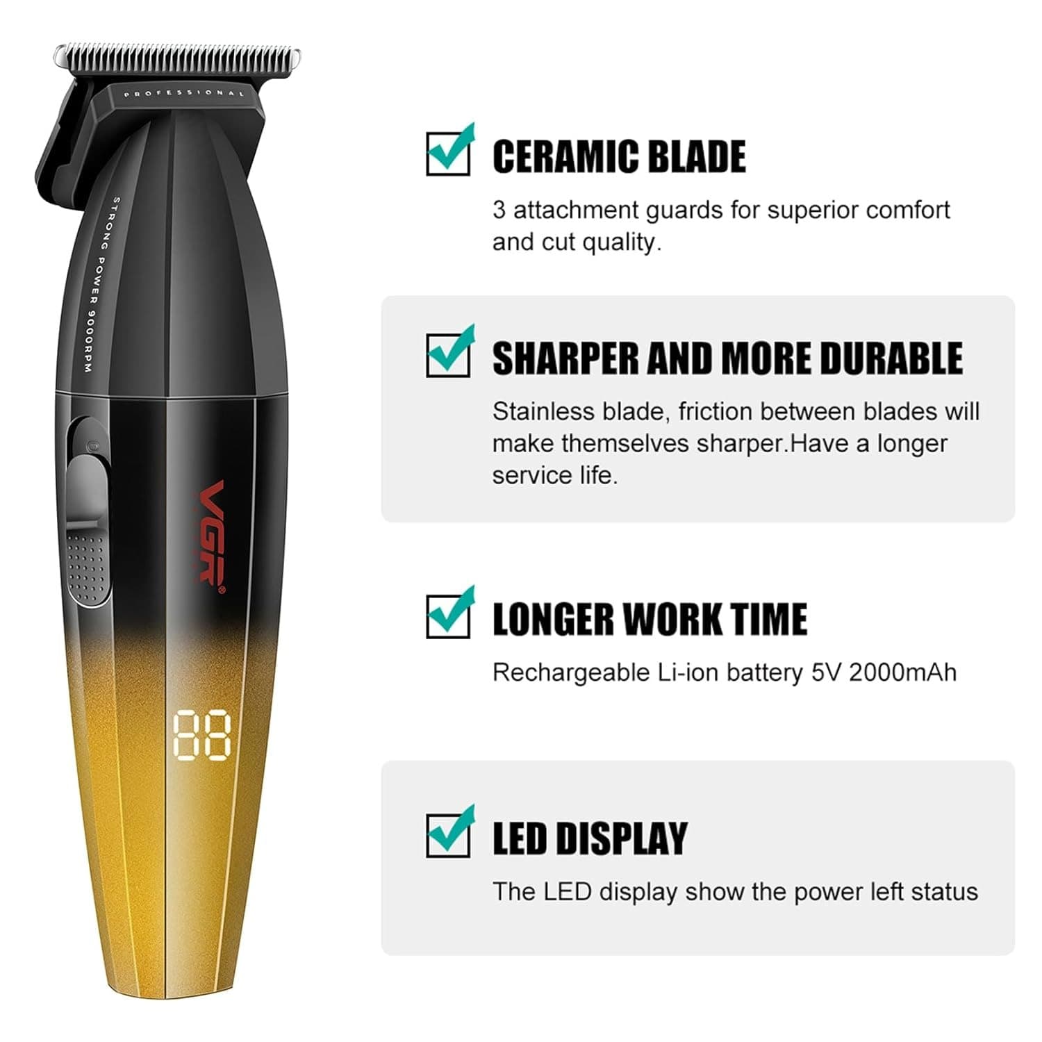 VGR 906 Fresh Fade Professional Hair Trimmer 9000rpm Zero Gapped DLC T-Blade Cordless USB Rechargeable view 2