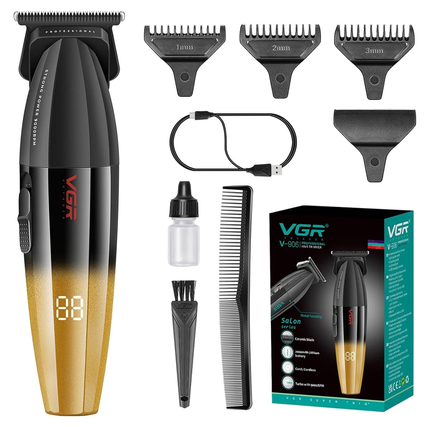 VGR 906 Fresh Fade Professional Hair Trimmer 9000rpm Zero Gapped DLC T-Blade Cordless USB Rechargeable view 1