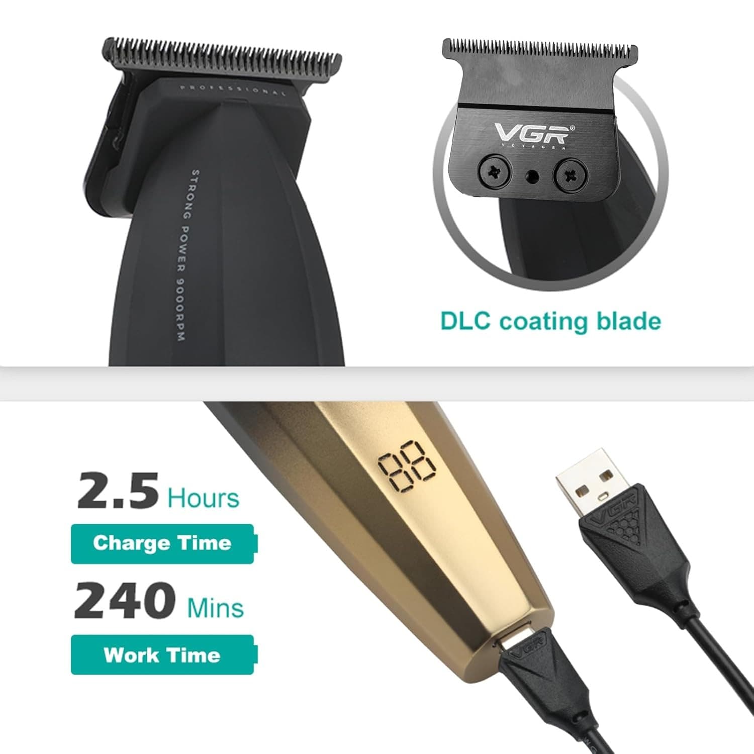 VGR 906 Fresh Fade Professional Hair Trimmer 9000rpm Zero Gapped DLC T-Blade Cordless USB Rechargeable view 3
