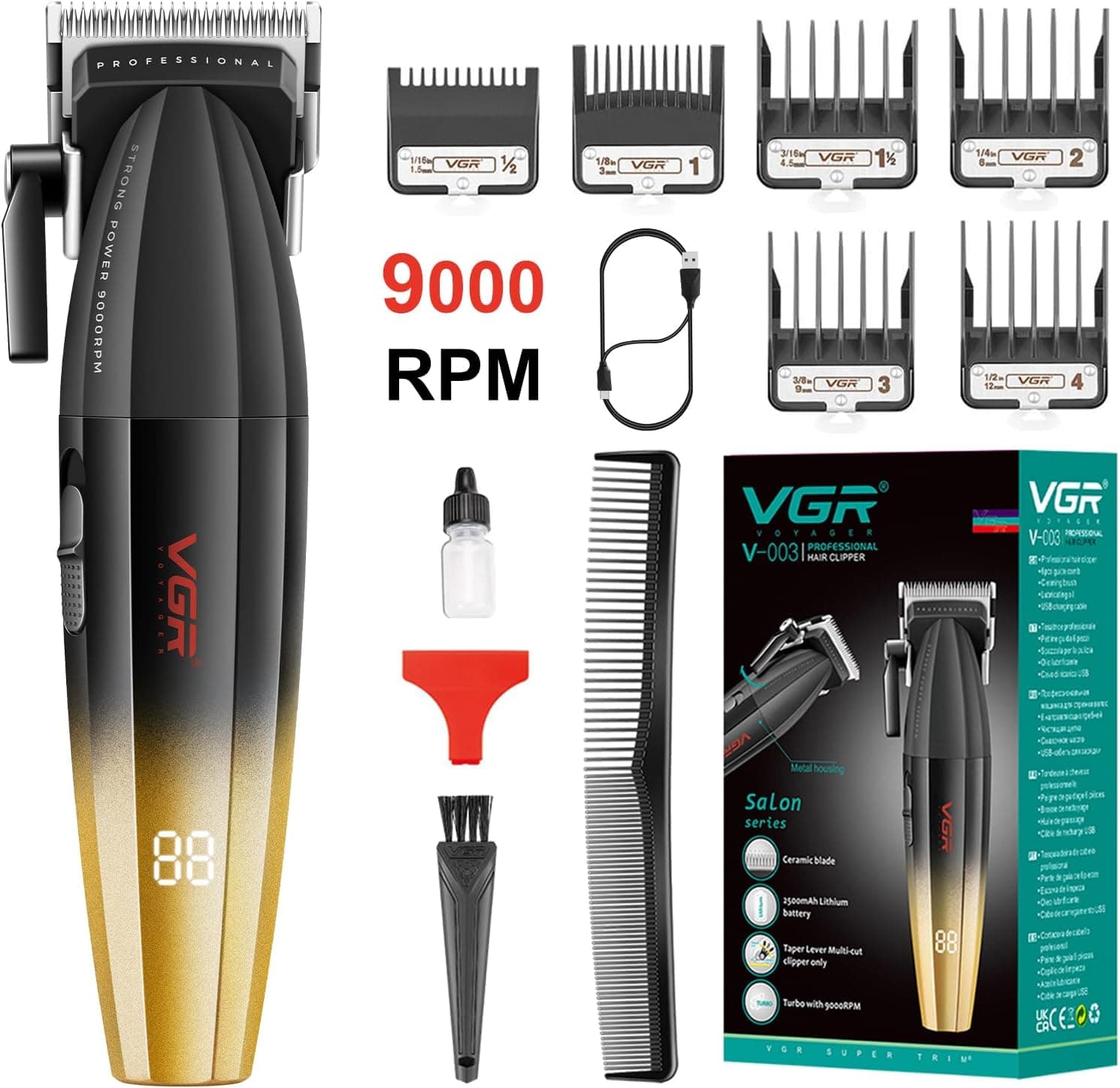 VGR V003 9000 RPM Heavy Hair Clipper Professional Hair Trimmer Rechargeable With LED Display view 2