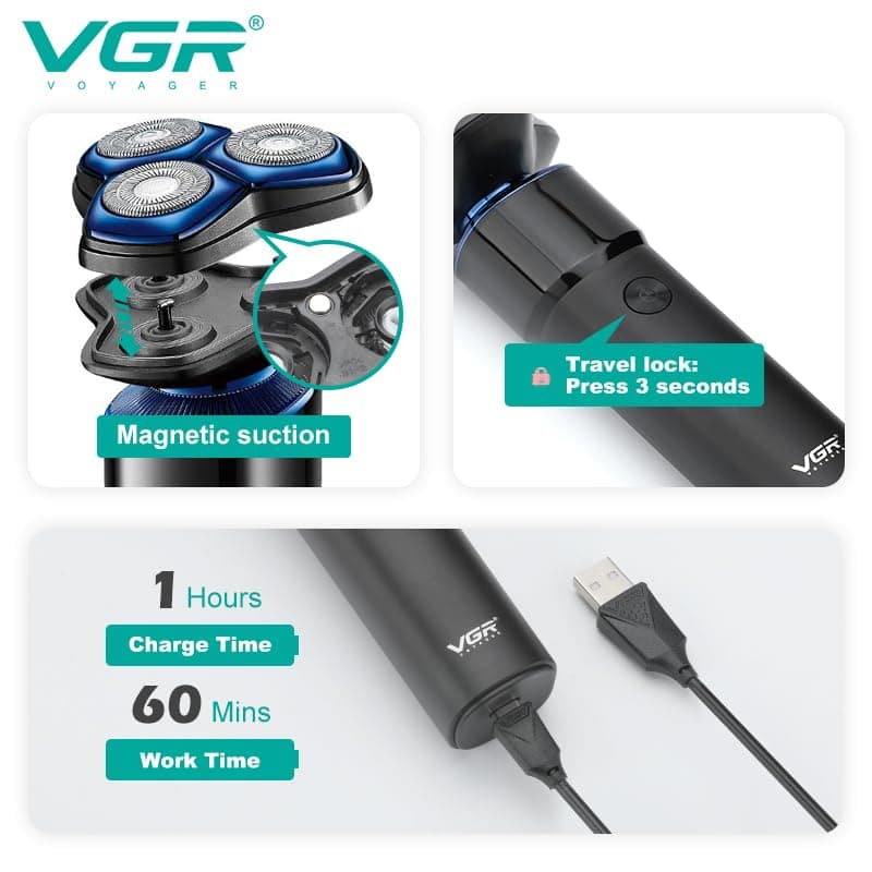 VGR V325 Premium Cordless Rechargeable IPX6 Fully Waterproof 3 Head Electric Shaver view 3