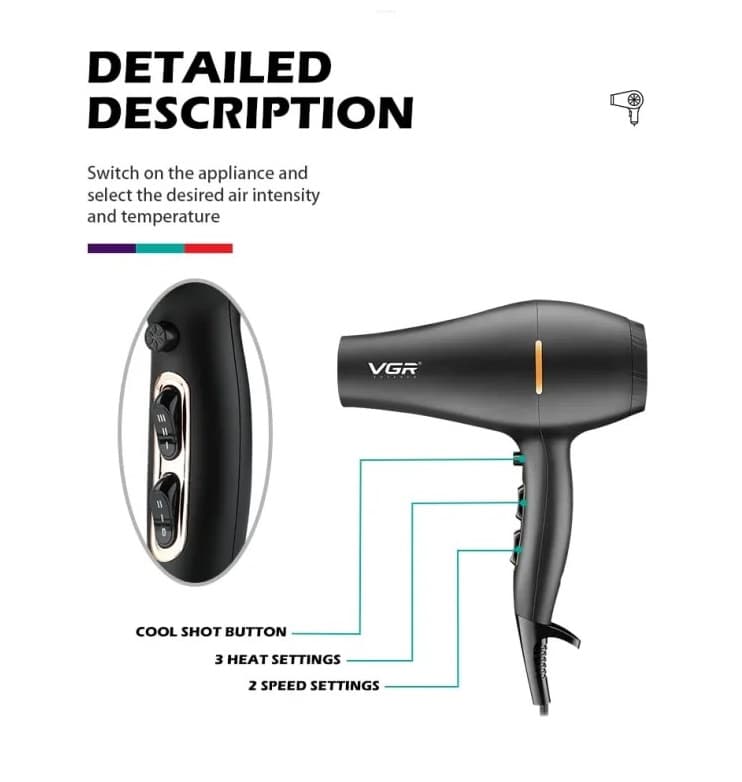 VGR V433 Professional Hair Dryer With 2 Speed & 3 Temperature settings 2200 Watt view 4