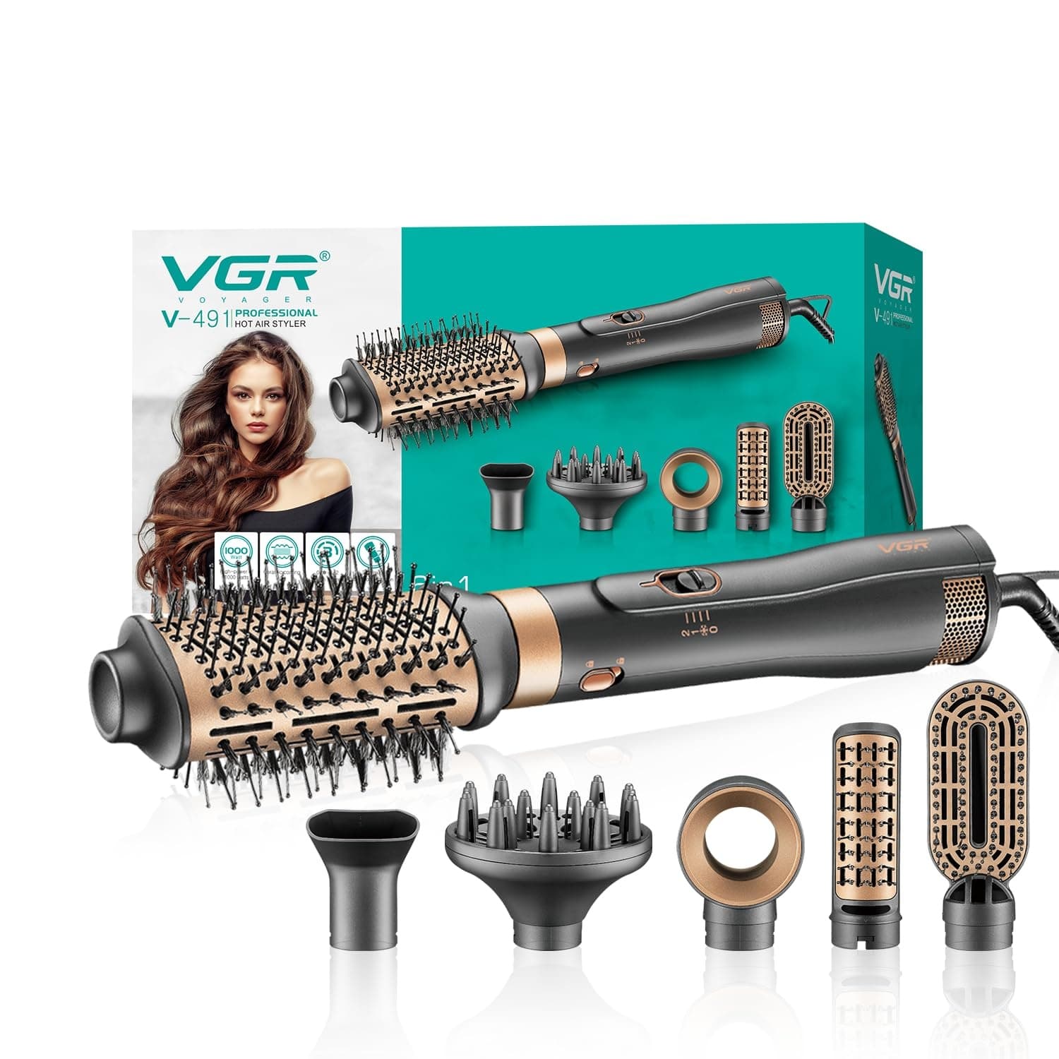 VGR V491 Professional 6-in-1 Hot Air Styler (1000W, Black) – Fast Drying, Curling & Volumizing With Interchangeable Brushes view 1