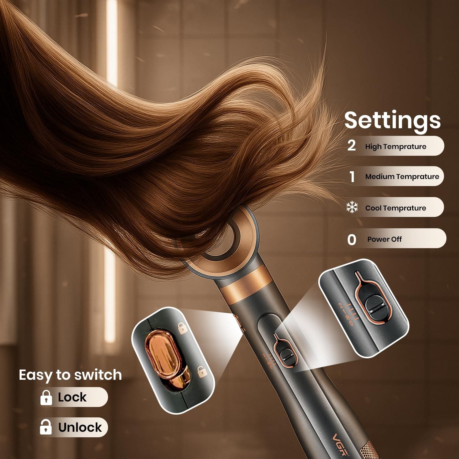 VGR V491 Professional 6-in-1 Hot Air Styler (1000W, Black) – Fast Drying, Curling & Volumizing With Interchangeable Brushes view 3