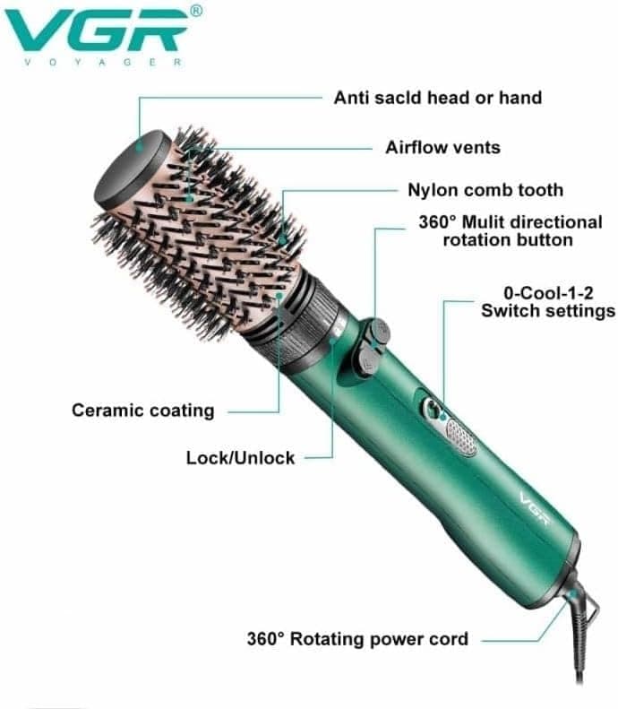 VGR V498 Hair Dryer Brush & Volumizer Hair Curler Straightener Rotating Hot Air Styler 1200W view 2