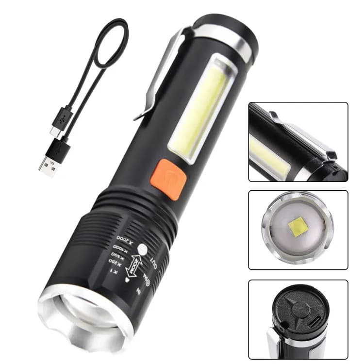 XH-P50 USB Rechargeable Retractable Zoom LED COB Torch Light With Pen Buckle Rope view 2