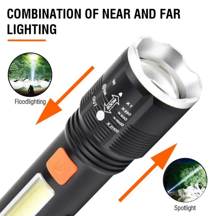 XH-P50 USB Rechargeable Retractable Zoom LED COB Torch Light With Pen Buckle Rope view 3
