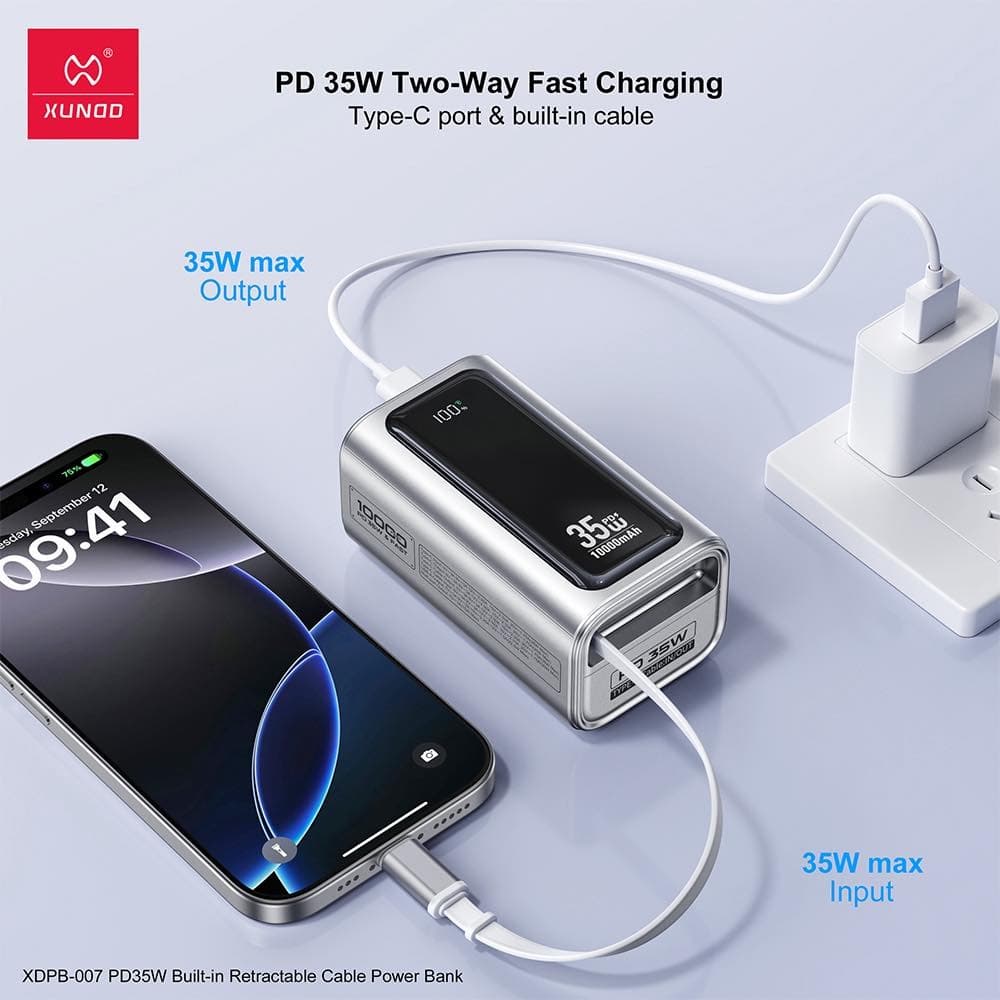 Xundd XDPB-007 10,000mAh PD 35W Compact Power Bank With Retractable Cable view 3