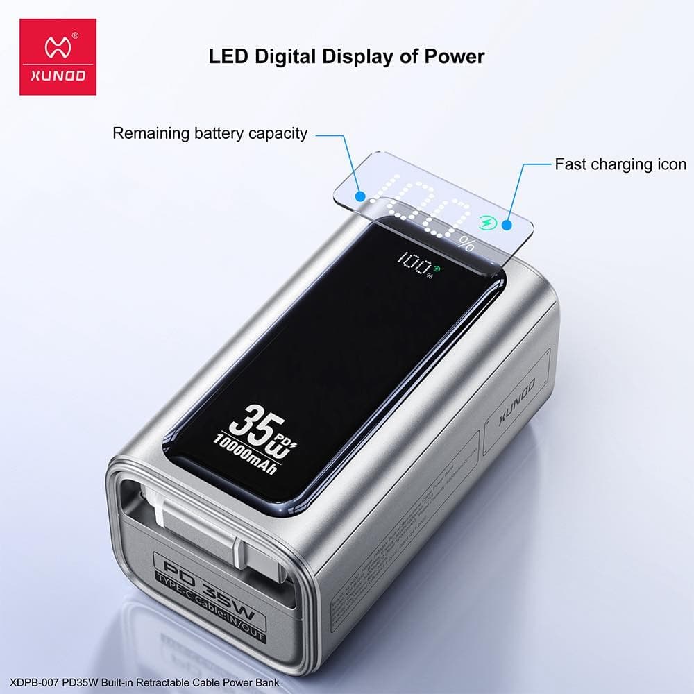 Xundd XDPB-007 10,000mAh PD 35W Compact Power Bank With Retractable Cable view 2