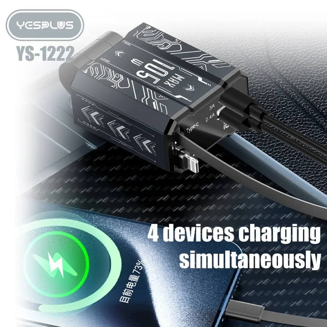 Yesplus YS-1222 105W 4-in-1 Super Fast Car Charger with Retractable Cables view 5