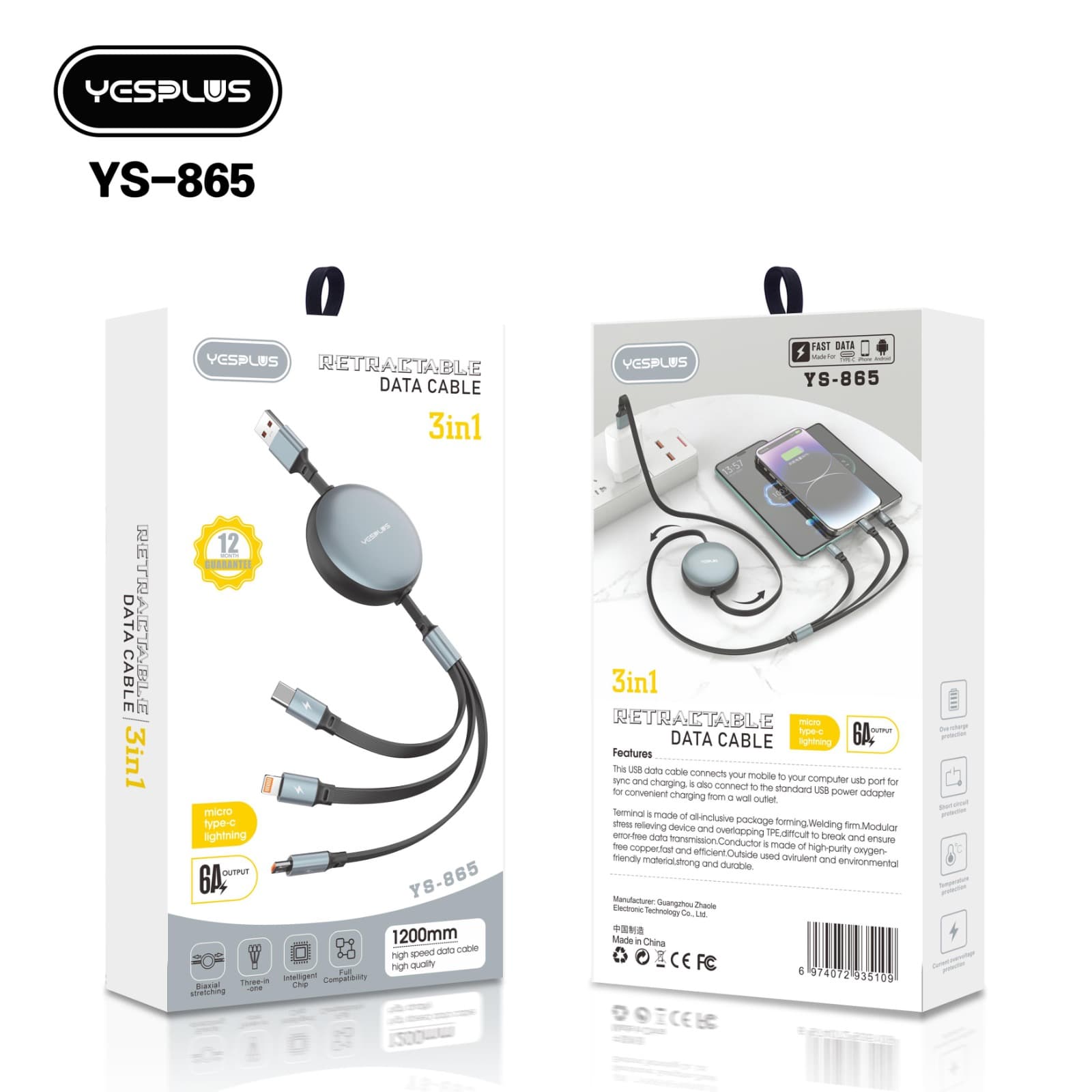 Yesplus YS 865 100 Watt 3 In 1 Retractable Data Cable view 4