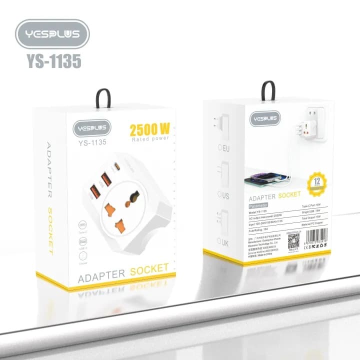 Yesplus YS1135 Universal Power Adapter 2 USB + 1 Type-C Power Socket view 5