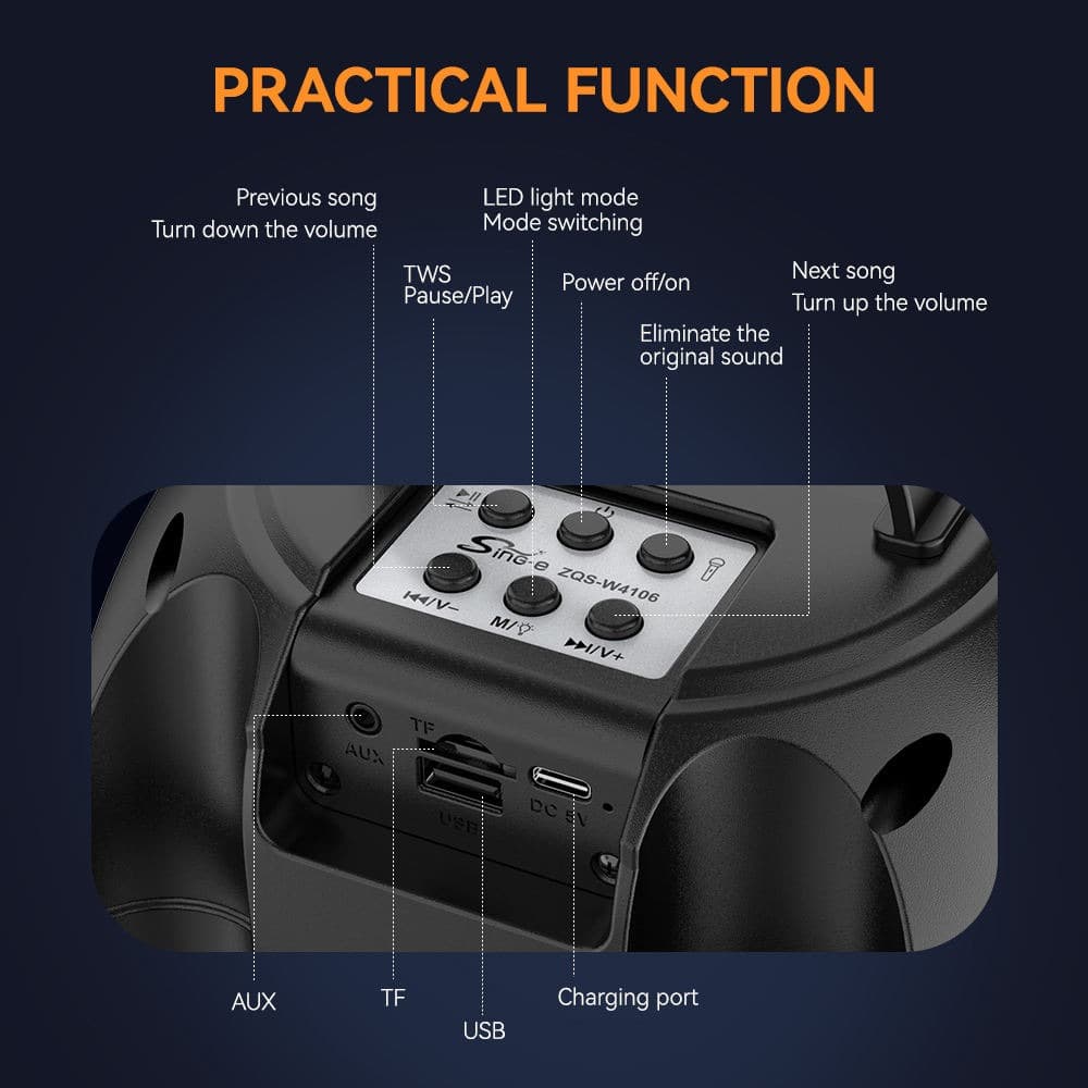 ZQS‑W4106 Portable Karaoke Speaker BT/FM/USB/TF/AUX/MIC/TWS Dual Microphone view 5
