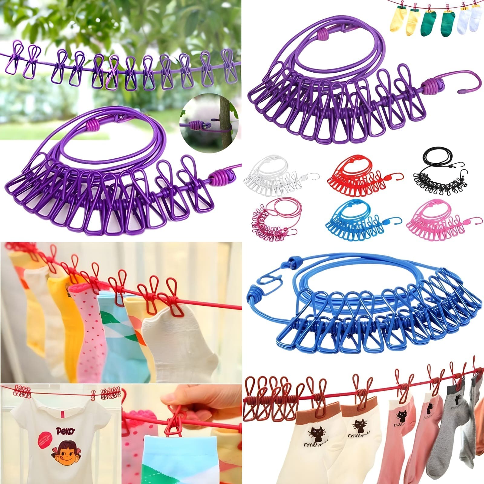 Cloth Drying Rope with 12 Clips and Cloth Hanging Rope for Cloth Drying Multicolor — image 2