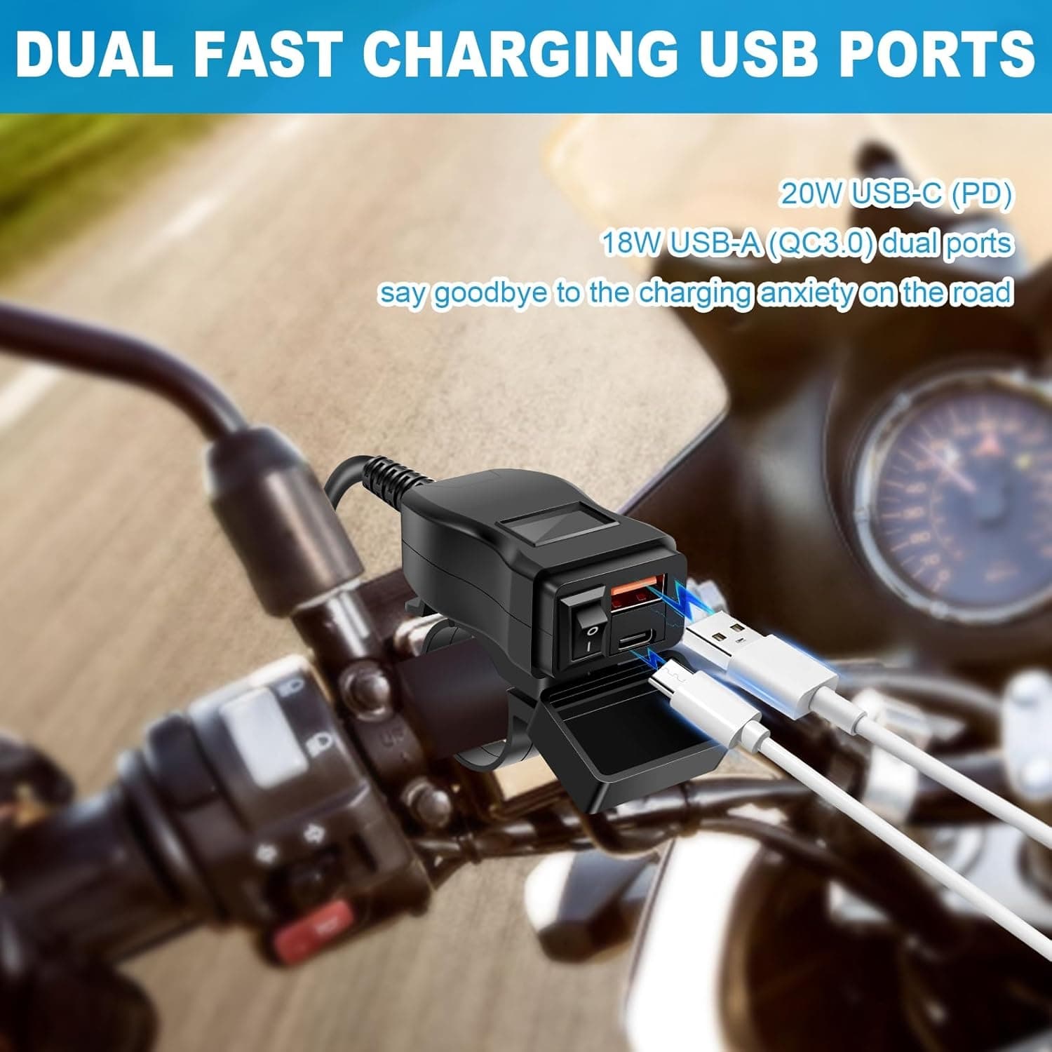 2 In 1 Waterproof Motorcycle Bike Charger Type-C & USB & Power Switch — image 2