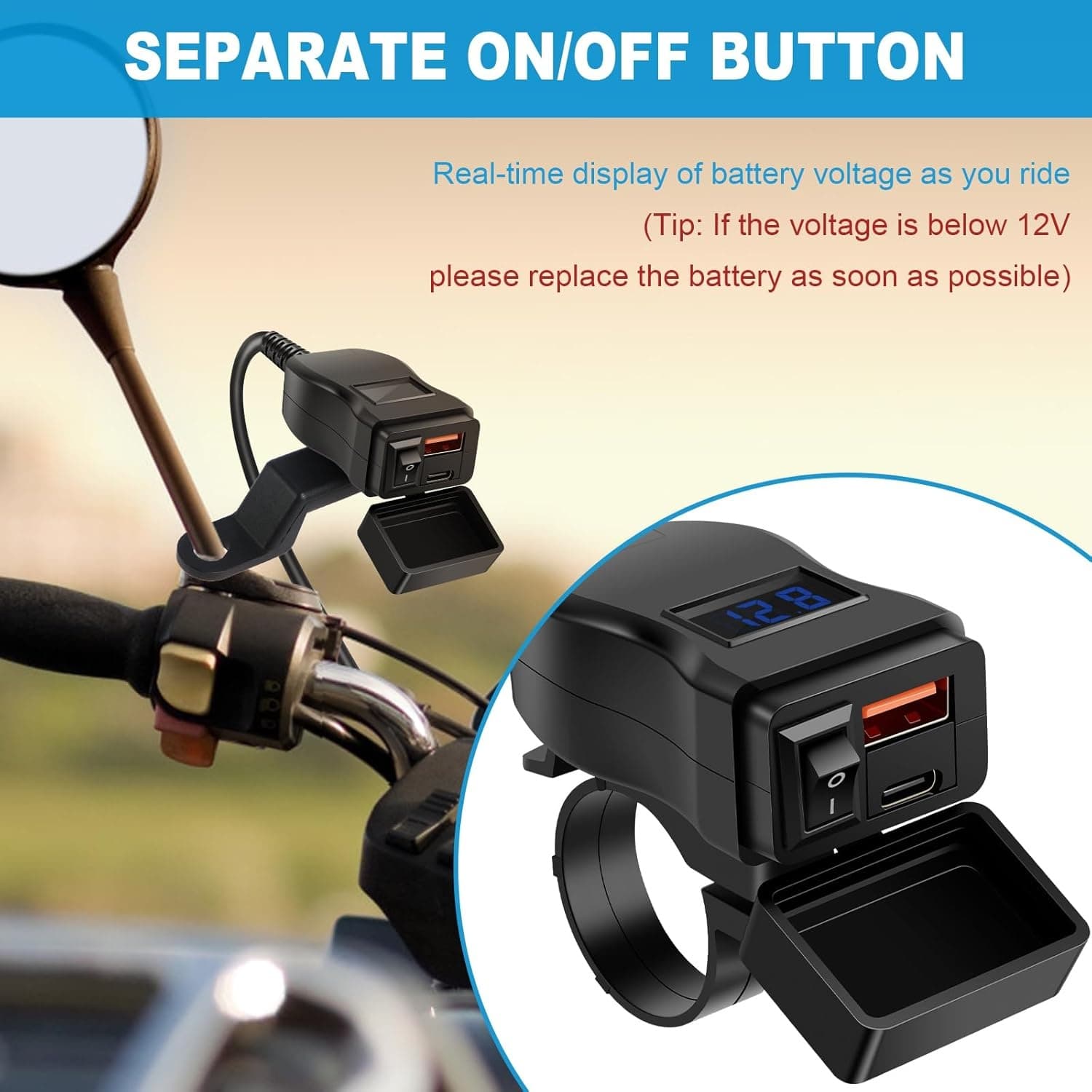 2 In 1 Waterproof Motorcycle Bike Charger Type-C & USB & Power Switch — image 5