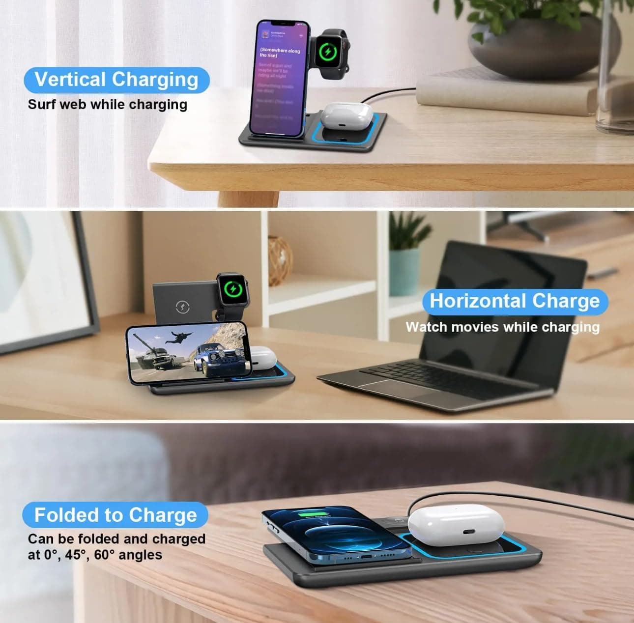 3 In 1 Foldable Wireless Charger Station For Phone Watch And Earbuds — image 3