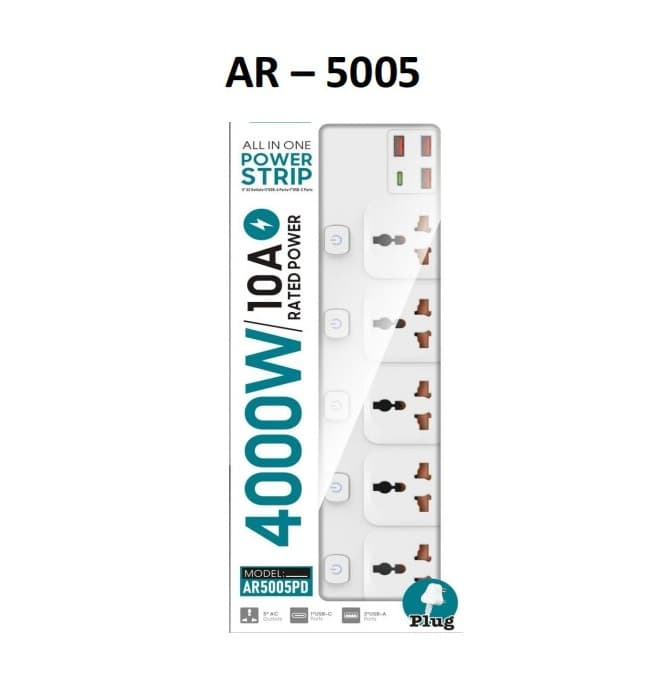 Armor AR 5005 4000W Power Strip With 5 AC Outlets, 3 USB + 1 Type-C PD Port (3-Meter Cable) — image 2