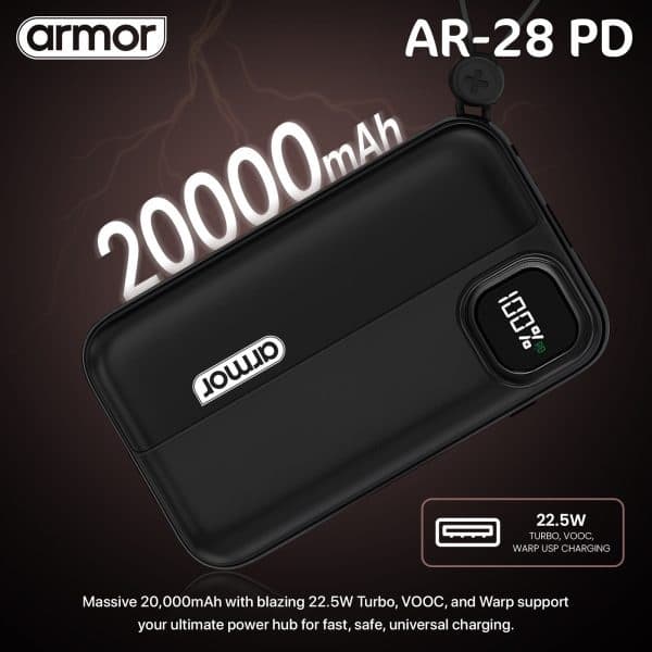 Armor AR28PD 20000mAh Power Bank With 22.5W Fast Charging And Built-in Dual Cables — image 2