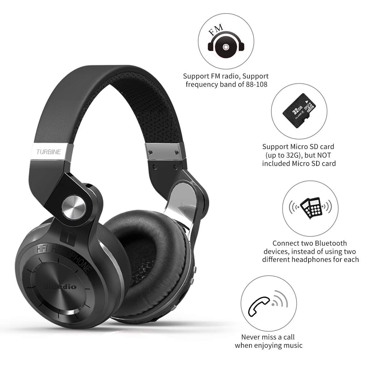 Bluedio T2 Plus Turbine Wireless Bluetooth Headphones with Mic/Micro SD Card Slot/FM Radio — image 2