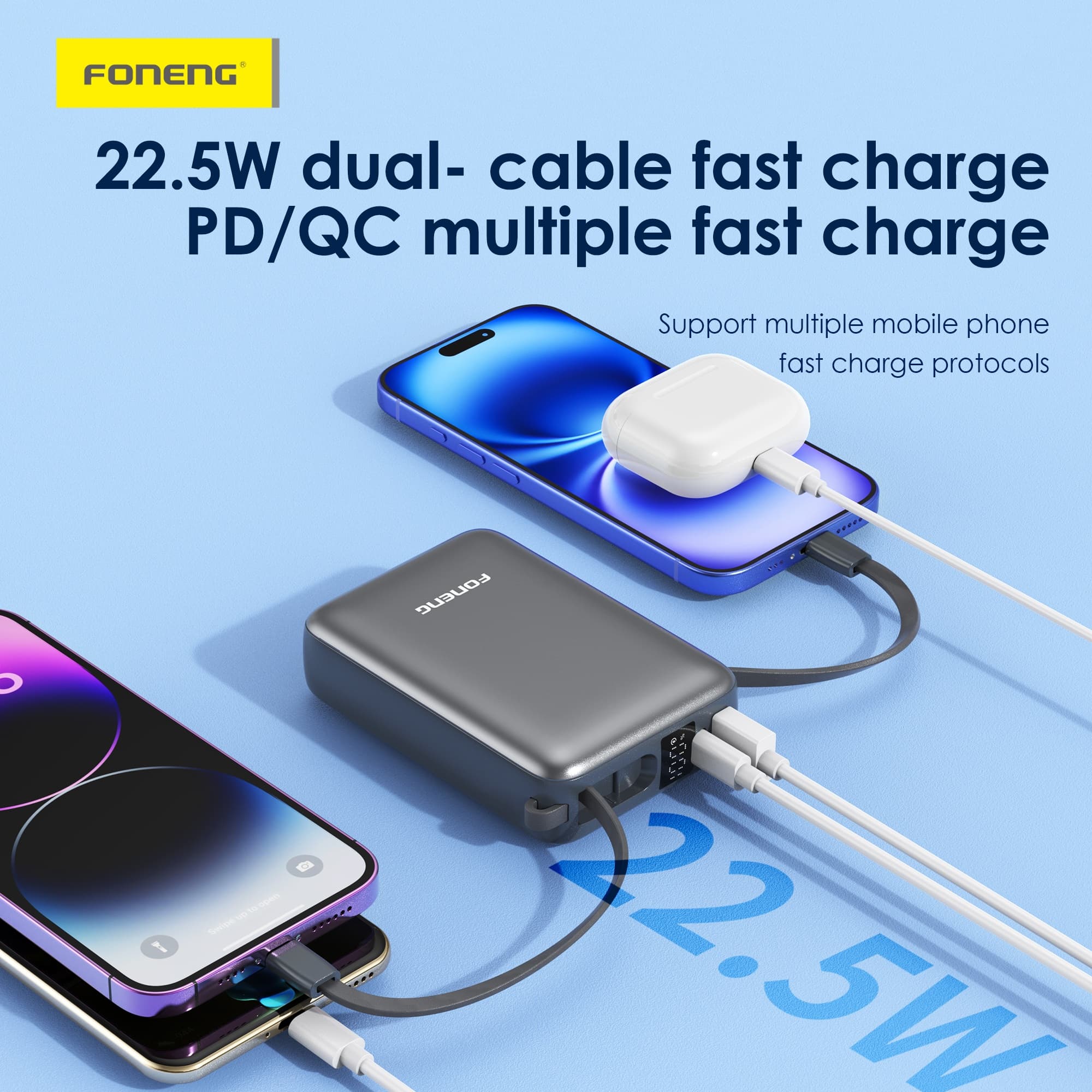Foneng PX116 20000mAh Mini Power Bank with Dual Built-In Cables & 22.5W Fast Charging — image 2
