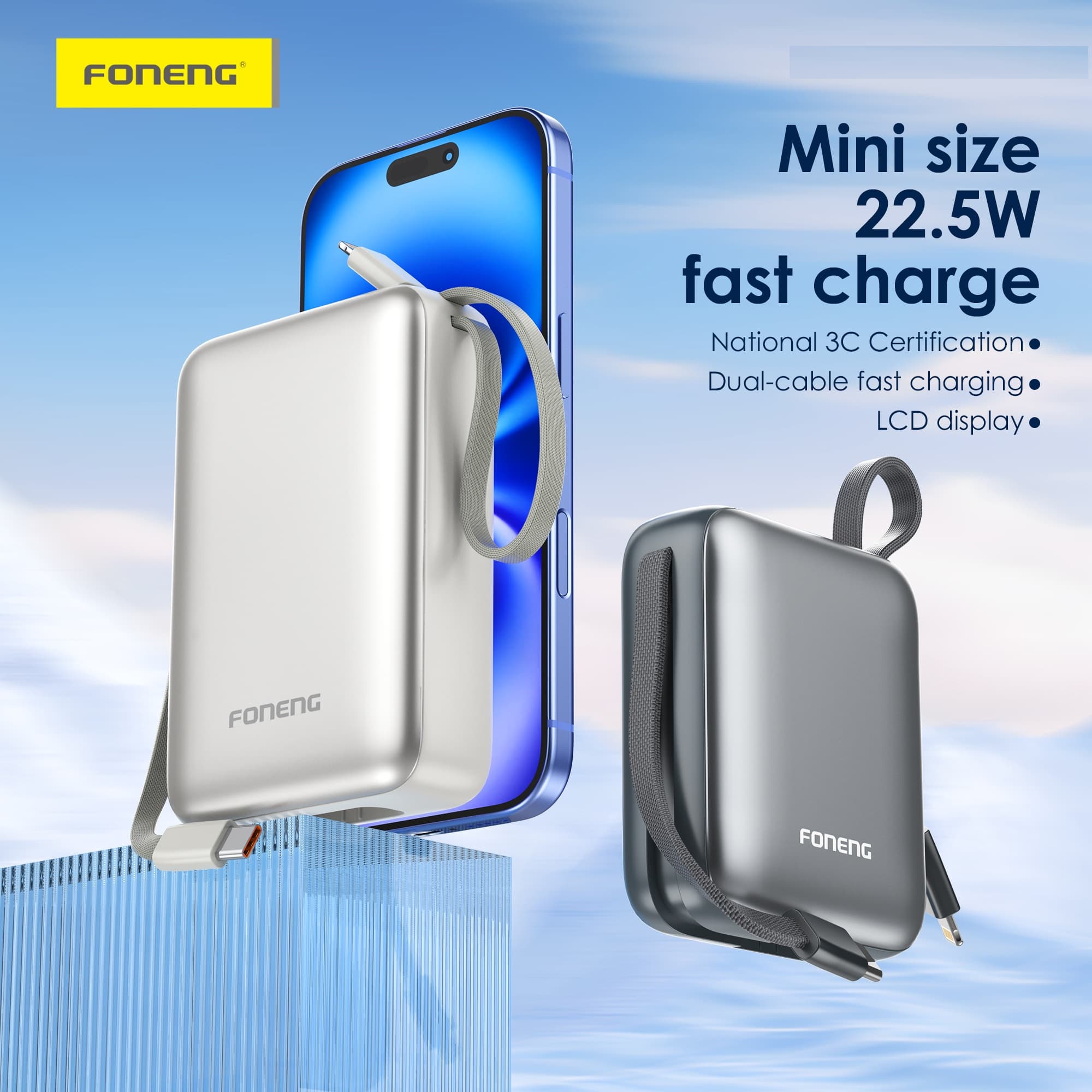 Foneng PX116 20000mAh Mini Power Bank with Dual Built-In Cables & 22.5W Fast Charging — image 3
