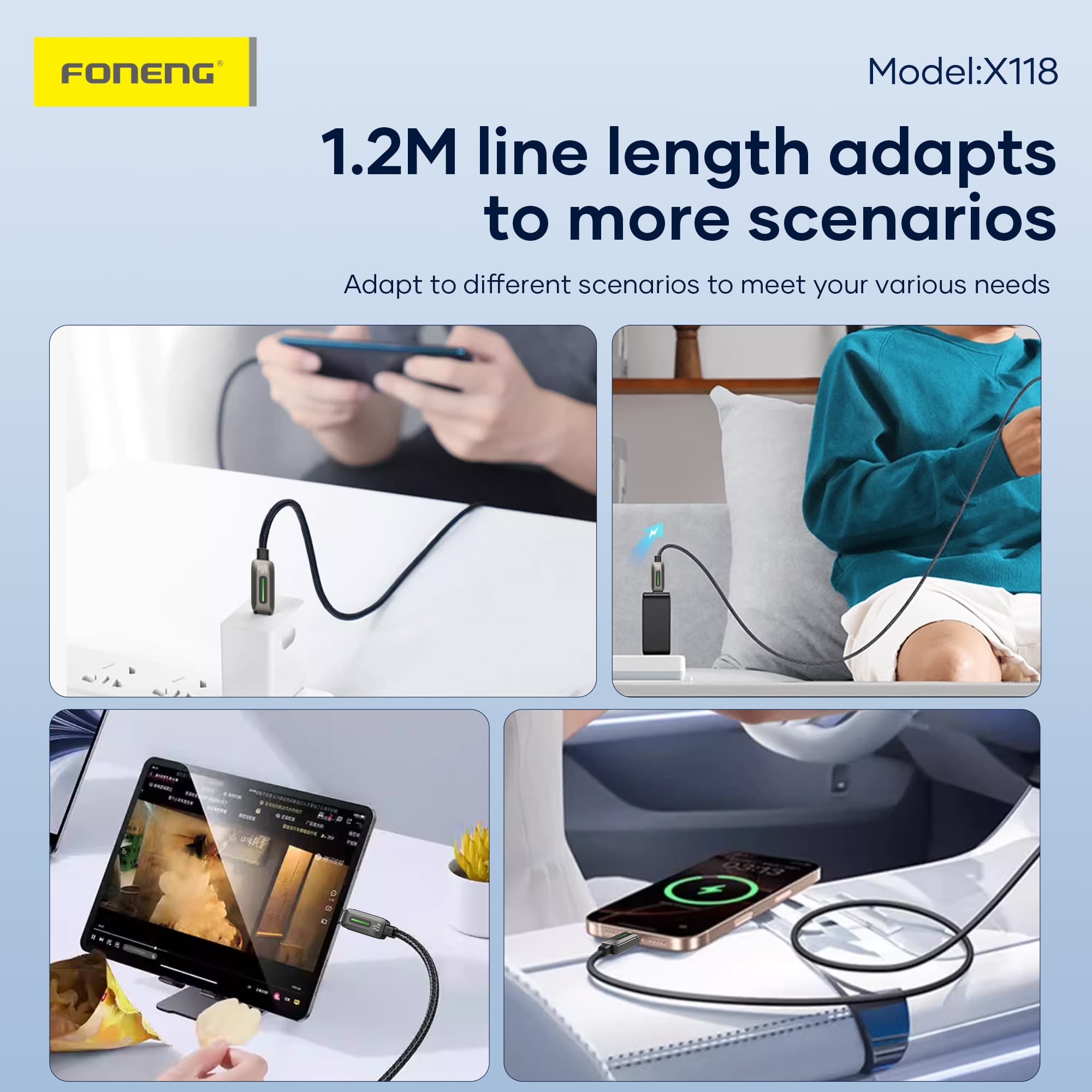 FONENG X118 1.2M PD 27W Flowing Light Zinc Alloy Head Braided Fast Charging Cable — image 2