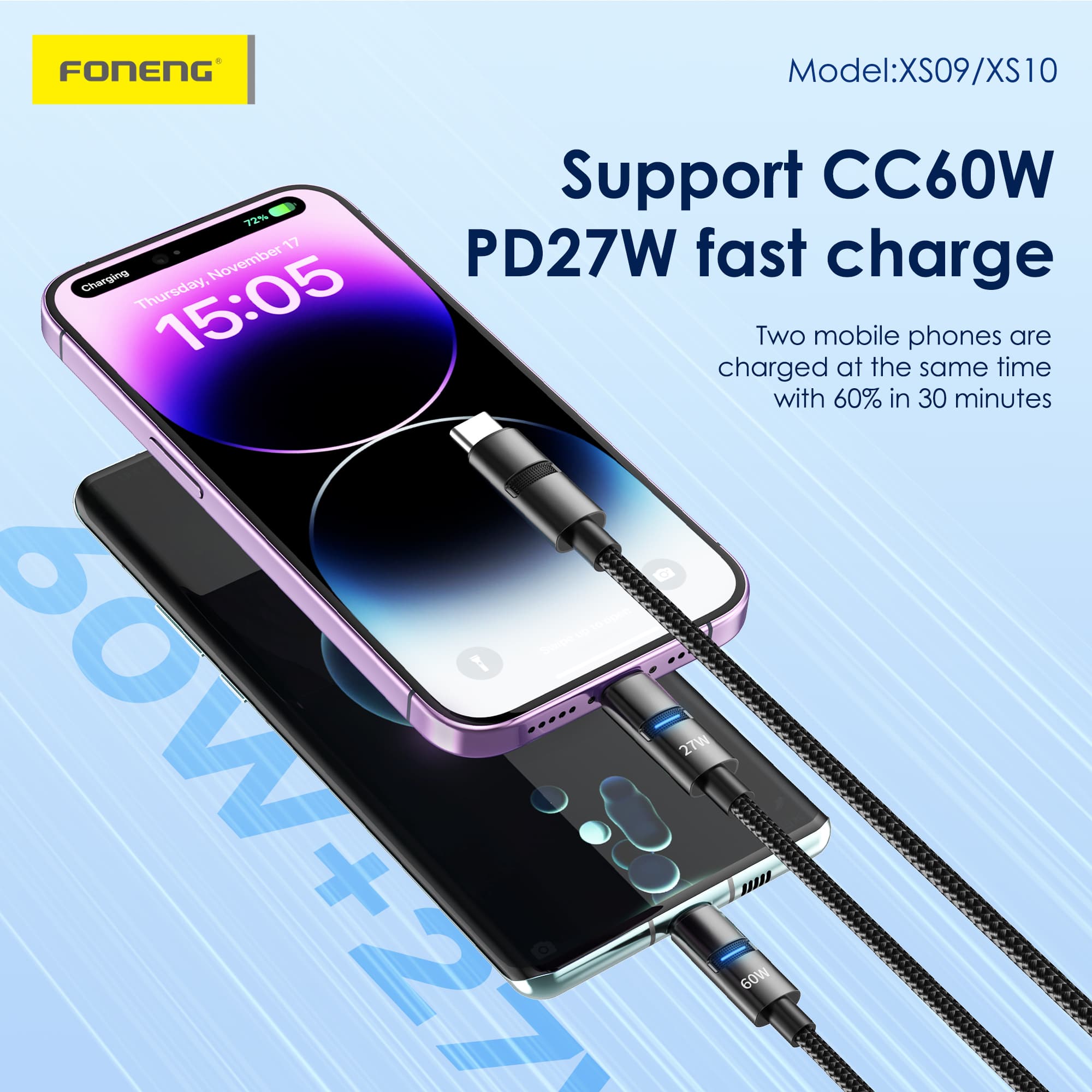 Foneng XS10 1.2M 2 In 1 Metal Head Braided Cable 60W Fast Charging — image 5