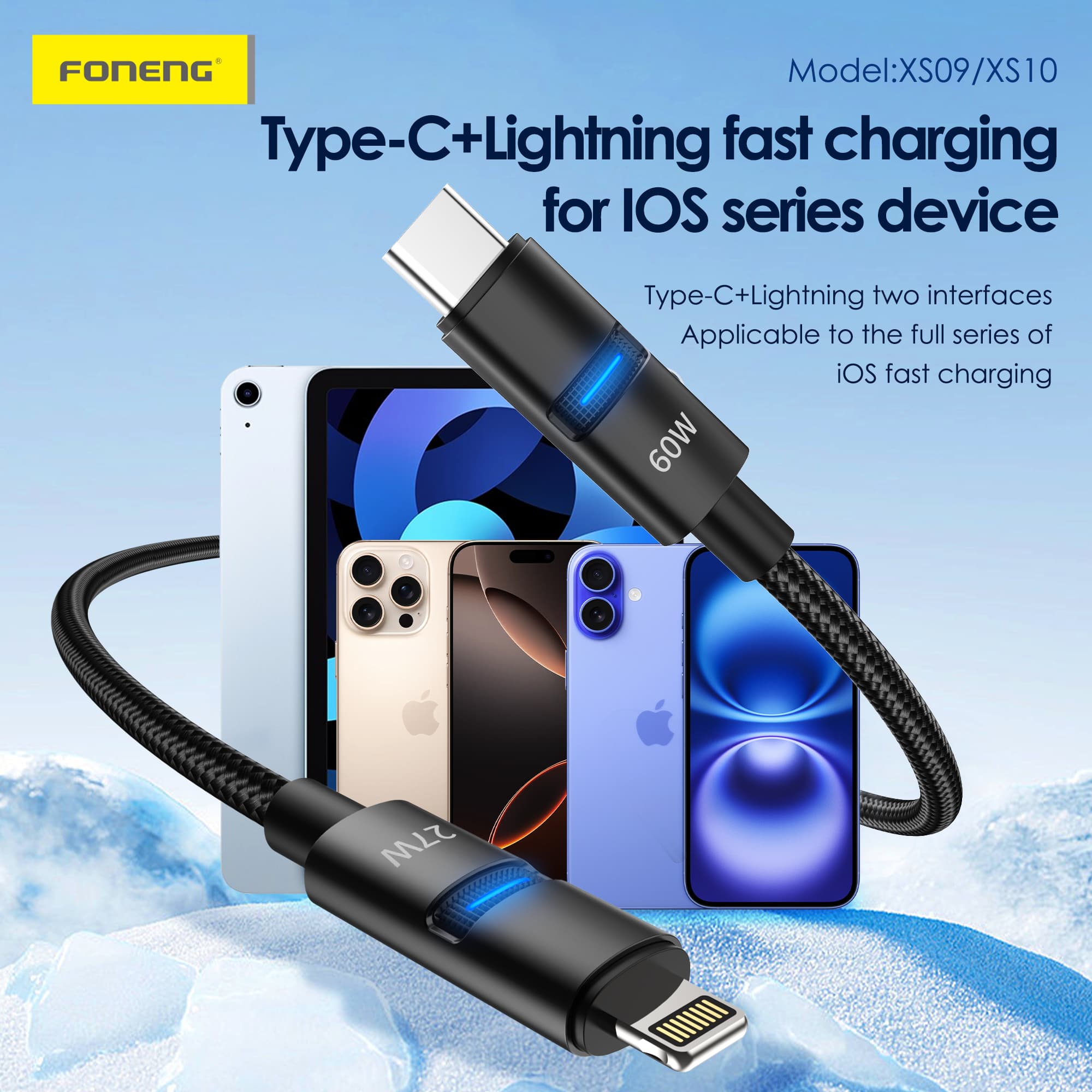 Foneng XS10 1.2M 2 In 1 Metal Head Braided Cable 60W Fast Charging — image 2