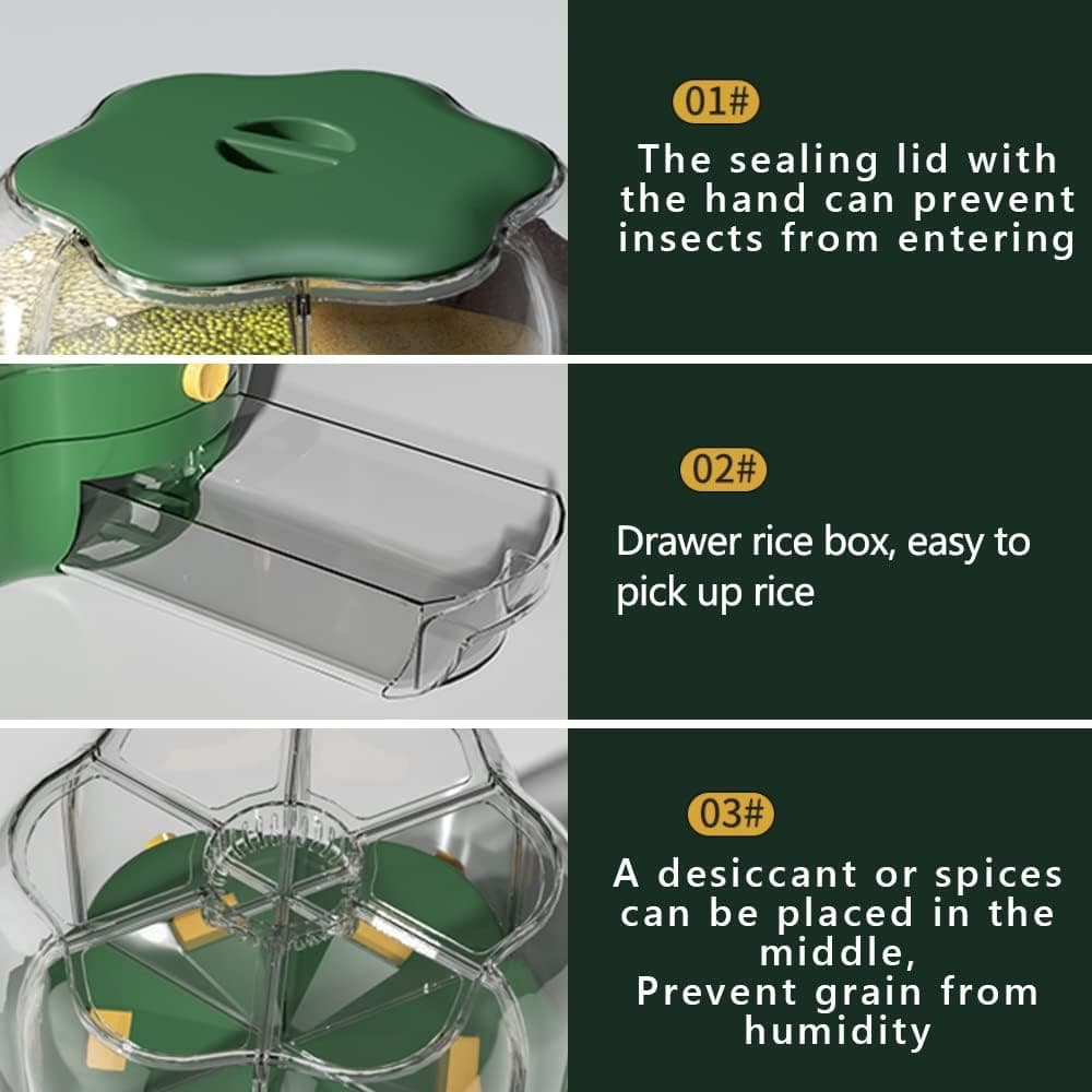 Food Grain Storage Container 360° Rotatable Dustproof Sealed Transparent Rice Bucket 6 Grid For Home Kitchen — image 4