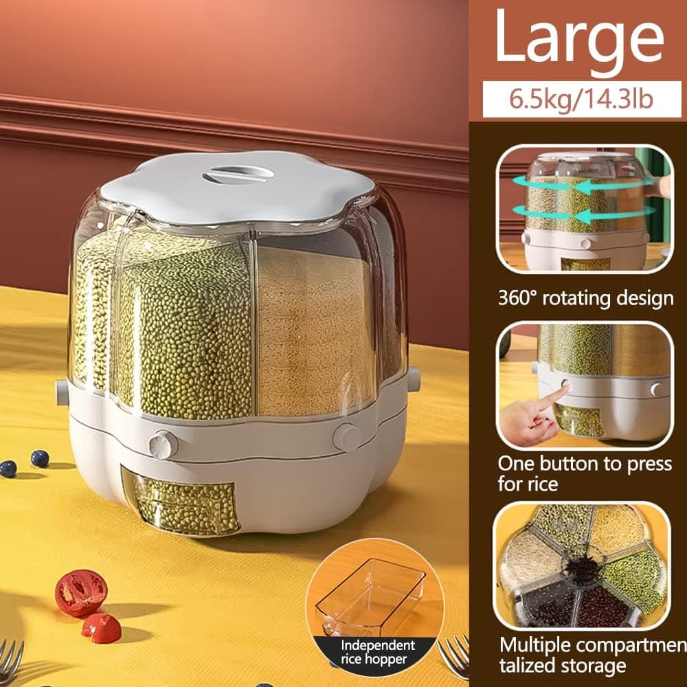 Food Grain Storage Container 360° Rotatable Dustproof Sealed Transparent Rice Bucket 6 Grid For Home Kitchen — image 1