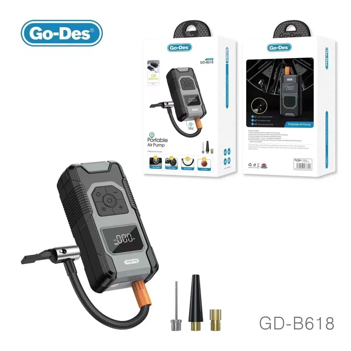 Go Des GDB618 Rechargeable Portable Cordless Digital Air Pump Tire Inflator Compressor Tyre Pump With 5000Mah Power Bank — image 2