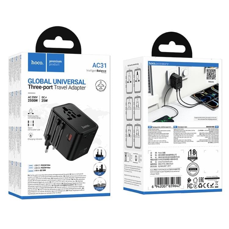 Hoco AC31 PD 25W 2 x Type-C And USB-A 3-Ports Global Universal Travel Adapter Charger — image 6