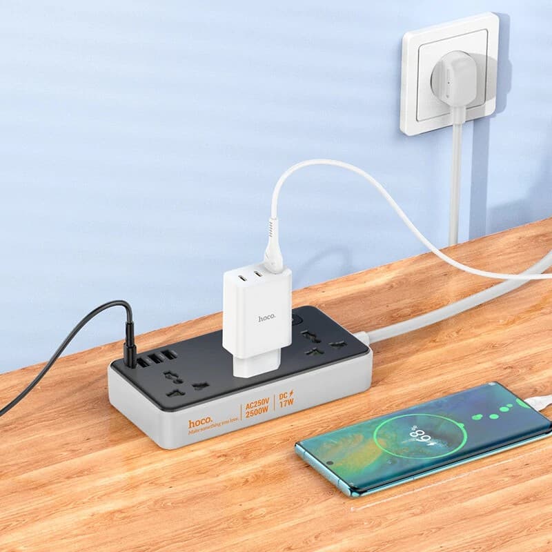 Hoco AC7A 10A 17W 7 Port USB Charger 3USB-A+1USB-C+3AC Fast Charging Multiplug — image 3