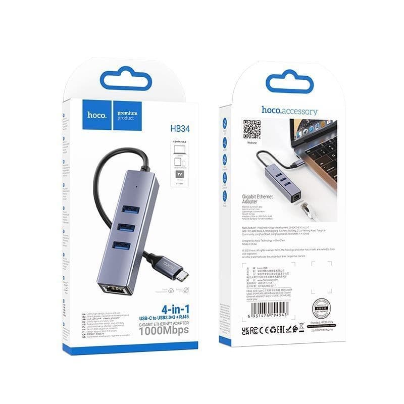 Hoco HB34 Type C to 4 (USB 3.0*3+RJ45) Gigabyte Adapter — image 3