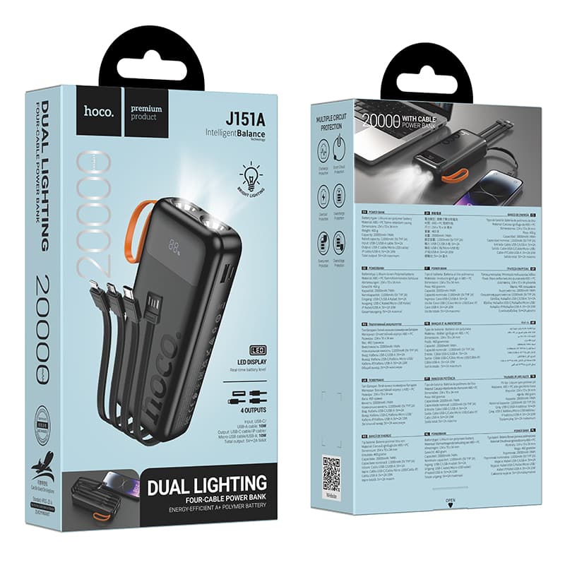 Hoco J151A 20000mAh Powerbank PD Type C 20W And USB-A With Digital Led Indicator And Dual Light — image 4