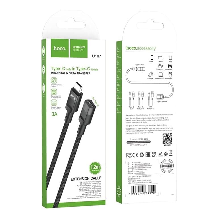 Hoco U107 3A USB C Male To USB C Female Extension Cable — image 4
